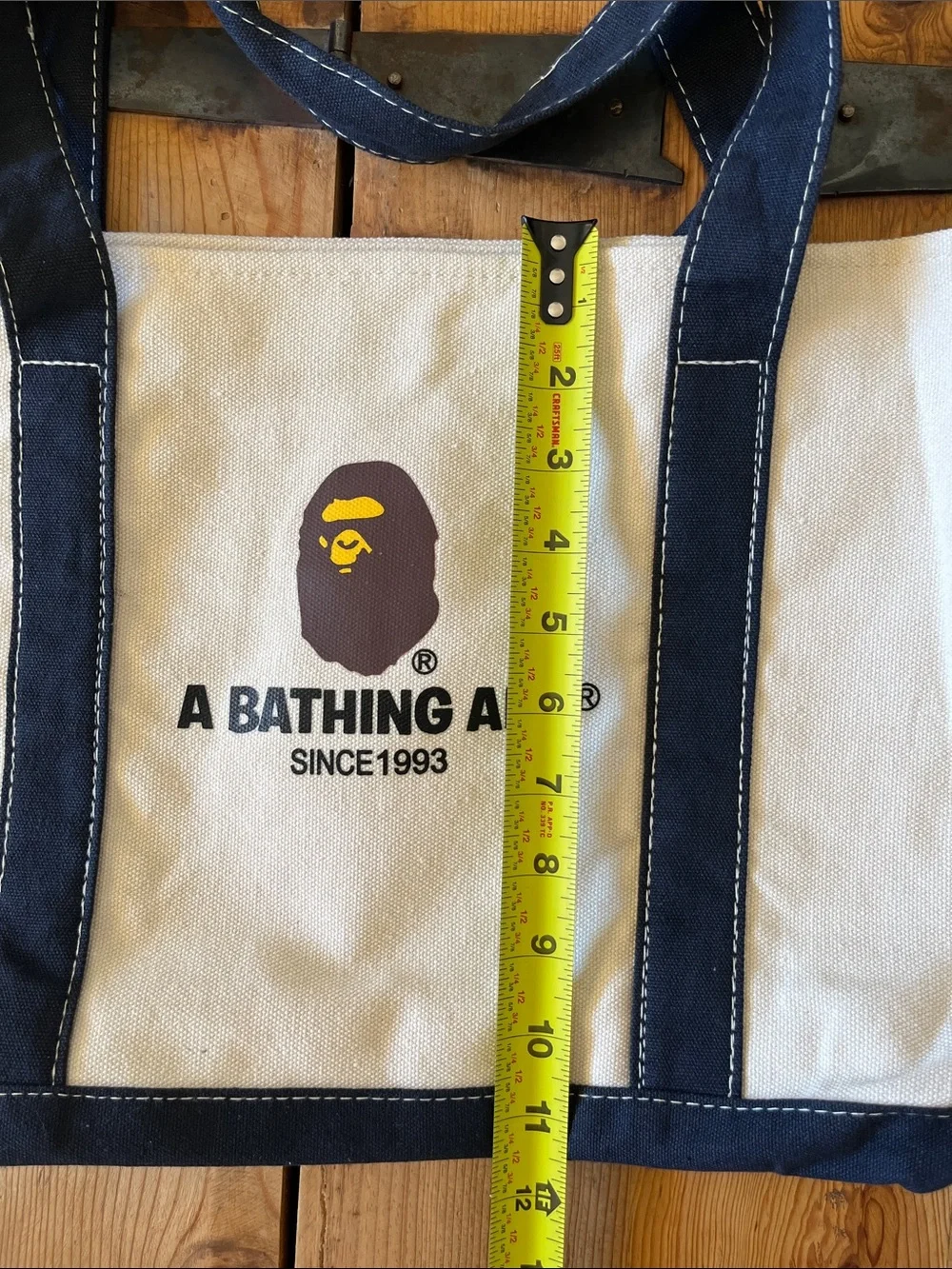 A Bathing Ape Cream Canvas Tote with Navy Trim